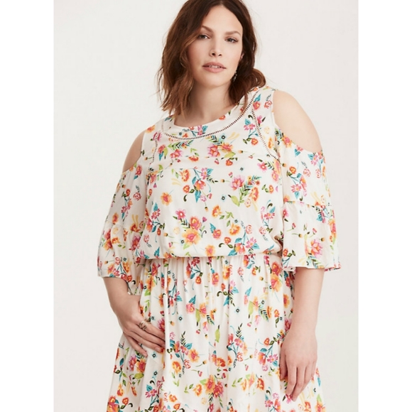 Torrid Floral Print Cold Shoulder Ruffle Romper 1X - Picture 2 of 16